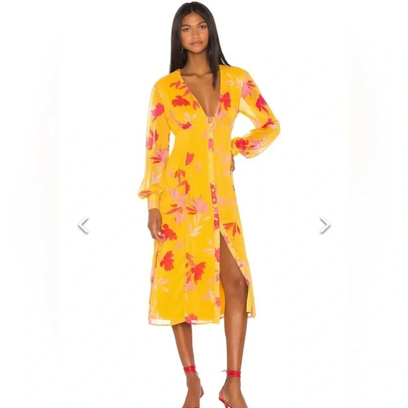 💃🏻Song of Style Kofi Midi Dress Yellow Floral Long Sleeve Button Front NWT S👗 - Picture 1 of 3